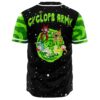 Back view of green portal rave baseball jersey with Cyclops Army text and cartoon-inspired figures