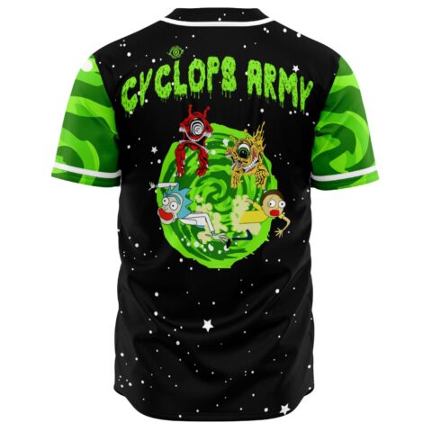 Back view of green portal rave baseball jersey with Cyclops Army text and cartoon-inspired figures