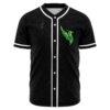 Front view of black starry rave baseball jersey with green camo flame emblem on chest