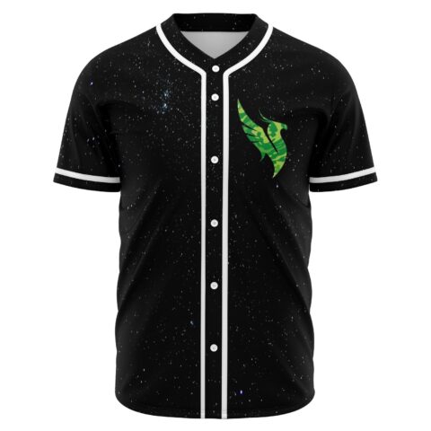 Front view of black starry rave baseball jersey with green camo flame emblem on chest