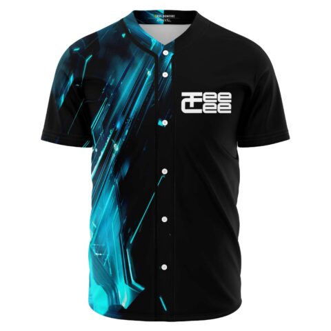 Black baseball jersey with neon blue circuit fractal panel and TeeCee logo front view