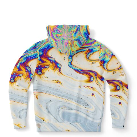 Oil slick rave hoodie back view showing swirling holographic marble pattern