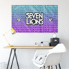 Teal purple wordmark rave flag hung on wall above a desk with yellow lamp