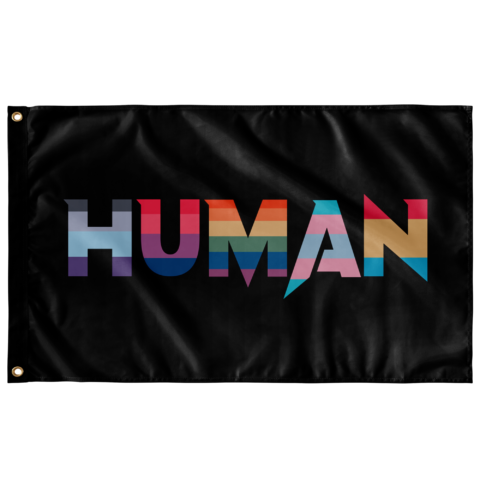 Black flag with multicolor striped HUMAN text and brass grommets flat view