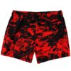 Red black abstract liquid rave swim trunks front view with drawstring waist