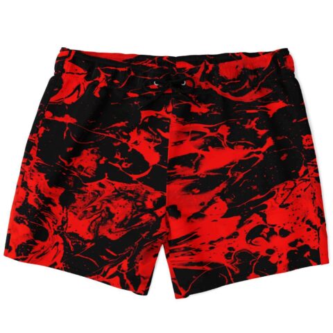 Red black abstract liquid rave swim trunks front view with drawstring waist