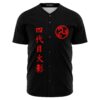Black anime-inspired baseball jersey with red kanji text and swirl emblem front view