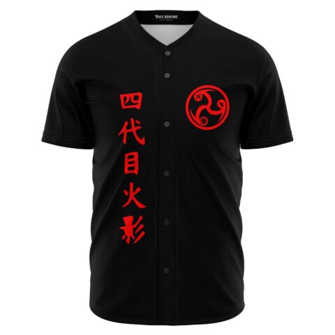 Black anime-inspired baseball jersey with red kanji text and swirl emblem front view