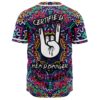 Back view of psychedelic mandala rave baseball jersey with dripping rock hand and Certified Headbanger