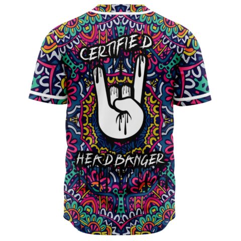 Back view of psychedelic mandala rave baseball jersey with dripping rock hand and Certified Headbanger