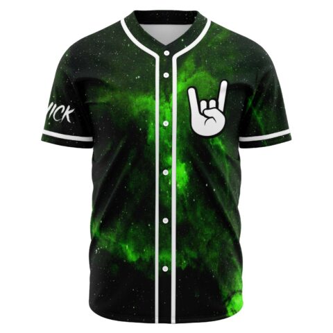 Green galaxy nebula rave baseball jersey with rock hand sign front view