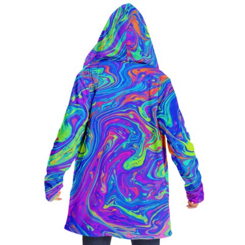 Back view of acid trip rave cloak with colorful swirling patterns