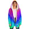Model front view of woman wearing bright rainbow rave cloak