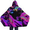Back view of festival cloak spread open revealing full neon liquid swirl print