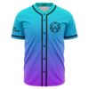 Cyan to purple ombre baseball jersey with circular geometric logo on chest, front view