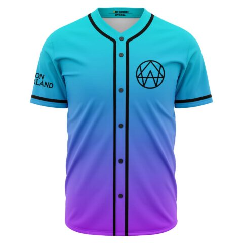Cyan to purple ombre baseball jersey with circular geometric logo on chest, front view