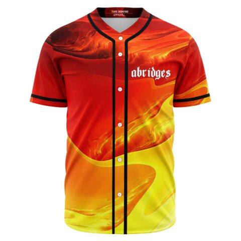 Front view of fiery red and yellow swirling flame baseball jersey with abridges text