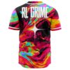 Back view of rave baseball jersey with dripping RL Grime text over neon liquid swirl