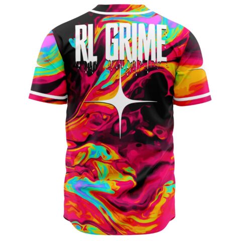 Back view of rave baseball jersey with dripping RL Grime text over neon liquid swirl