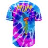 Back view of blue tie dye rave baseball jersey with MOM text and melting cartoon