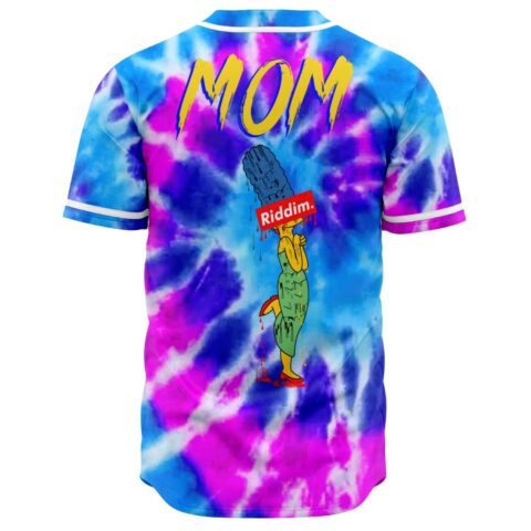 Back view of blue tie dye rave baseball jersey with MOM text and melting cartoon