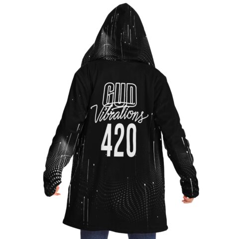 Gud Vibrations 420 text on black halftone dot rave cloak back view