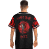 Man modeling back view of Space Mom Rezz starfield jersey with red portal design