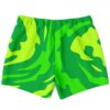 Neon green camo swim trunks back view showing flowing swirl pattern