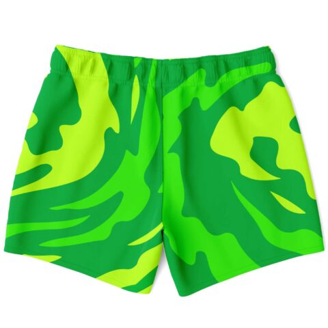 Neon green camo swim trunks back view showing flowing swirl pattern