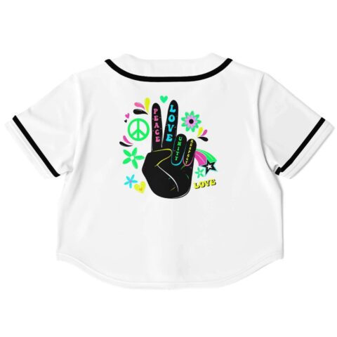 Back view of white crop top jersey with peace and love graphic