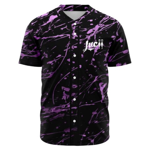 Purple paint splatter rave baseball jersey with dripping Lucii alien logo front view