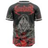 Back view of hooded grim reaper graphic with red spiked lettering on festival baseball jersey
