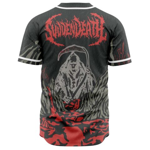 Back view of hooded grim reaper graphic with red spiked lettering on festival baseball jersey