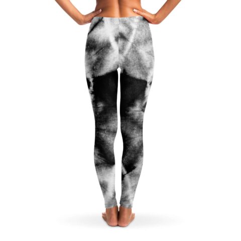 Black and white tie-dye rave leggings, back view showing the swirl pattern