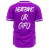 Back view of purple rave jersey with white text reading headbang or gifo