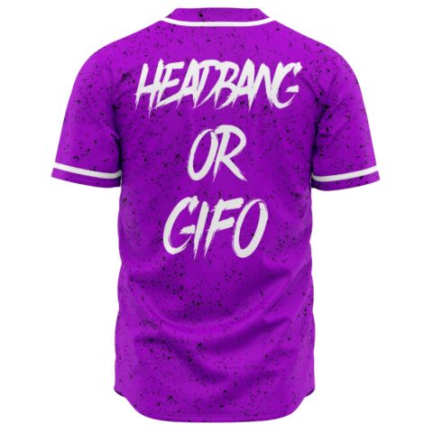 Back view of purple rave jersey with white text reading headbang or gifo
