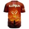 Back view of red jersey with flaming phoenix graphic and ILLENIUM wordmark above collar