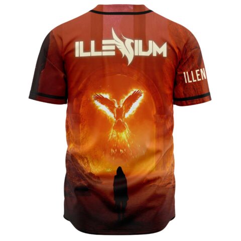Back view of red jersey with flaming phoenix graphic and ILLENIUM wordmark above collar