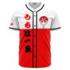 Anime-inspired baseball jersey front with red fan crest and vertical Japanese text on split body