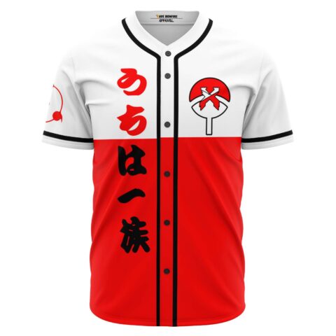 Anime-inspired baseball jersey front with red fan crest and vertical Japanese text on split body