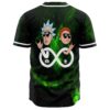 Green galaxy rave baseball jersey back view with cartoon-inspired duo throwing rock hands over infinity