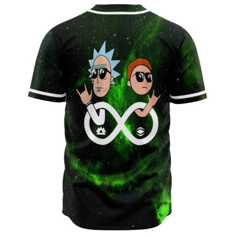 Green galaxy rave baseball jersey back view with cartoon-inspired duo throwing rock hands over infinity