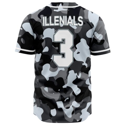 Black camouflage jersey back view with ILLENIALS text and number 3