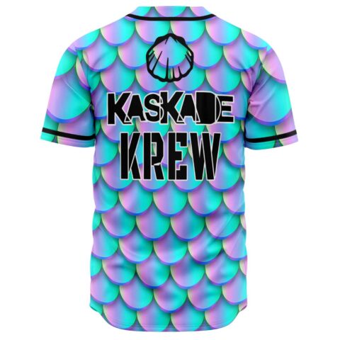 Back view of mermaid scale jersey reading Kaskade Krew below a shell emblem