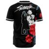 Slander baseball jersey back view with couple silhouette graphic and red rose accents