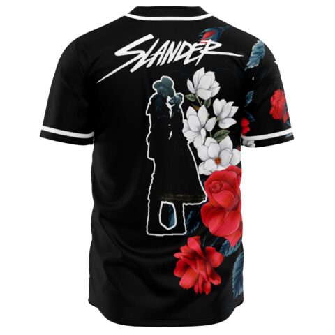 Slander baseball jersey back view with couple silhouette graphic and red rose accents