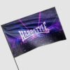 Hardstyle flag on pole angled view showing purple laser stage and crowd design