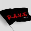 Black rave flag with red R.A.V.E. text on a pole waving against gray background