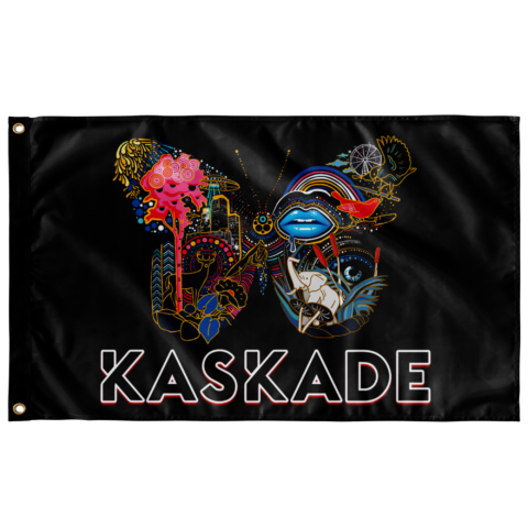 Black flag with festival-themed butterfly collage of blue lips, elephant and skyline reading Kaskade
