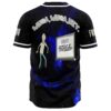 Back view of blue galaxy rave baseball jersey with cartoon man and Whoa Whoa Hey